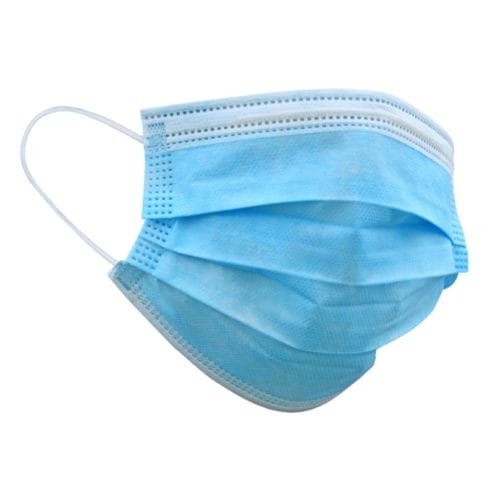 Eine blaue chirurgische Einweg-Gesichtsmaske mit weißen Ohrschlaufen bietet bequemen und zuverlässigen Schutz und ist vor einem weißen Hintergrund abgebildet.