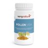 Weiße Flasche mit der Aufschrift „kingnature POLLEN VIDA“ mit Blütenpollen- und Blütenabbildungen. Das Etikett hebt Blütenpollen und Vitamin C aus Acerola hervor. Die Flasche verfügt über einen sicheren weißen Verschluss.