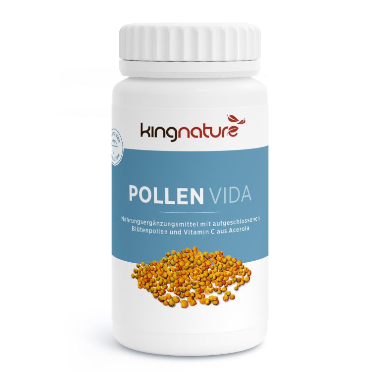 Die weiße Flasche mit der Aufschrift Pollen Vida enthält Bienenpollen-Granulat und hebt Blütenpollen sowie Vitamin C aus Acerola hervor - perfekt für alle, die Pollen Kapseln kaufen und ihr tägliches Wohlbefinden unterstützen möchten.