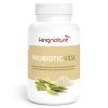 Eine weiße Flasche mit der Aufschrift „kingnature PROBIOTIC VIDA“ und Abbildungen von grünen Erbsen und Pulver auf der Vorderseite. Der deutsche Text beschreibt das Produkt als Nahrungsergänzungsmittel mit 13 Bakterienkulturen.