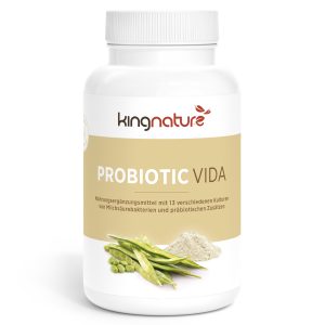 Eine weiße Flasche mit der Aufschrift „kingnature PROBIOTIC VIDA“ und Abbildungen von grünen Erbsen und Pulver auf der Vorderseite. Der deutsche Text beschreibt das Produkt als Nahrungsergänzungsmittel mit 13 Bakterienkulturen.