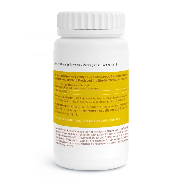 Eine weiße Flasche Nahrungsergänzungsmittel mit gelbem Etikett, auf dem die Inhaltsstoffe und Anwendungshinweise aufgeführt sind. Der Text betont, dass das Produkt vegan, laktosefrei, glutenfrei und in der Schweiz verpackt ist. Nahrungsergänzungsmittel für den modernen Lebensstil.