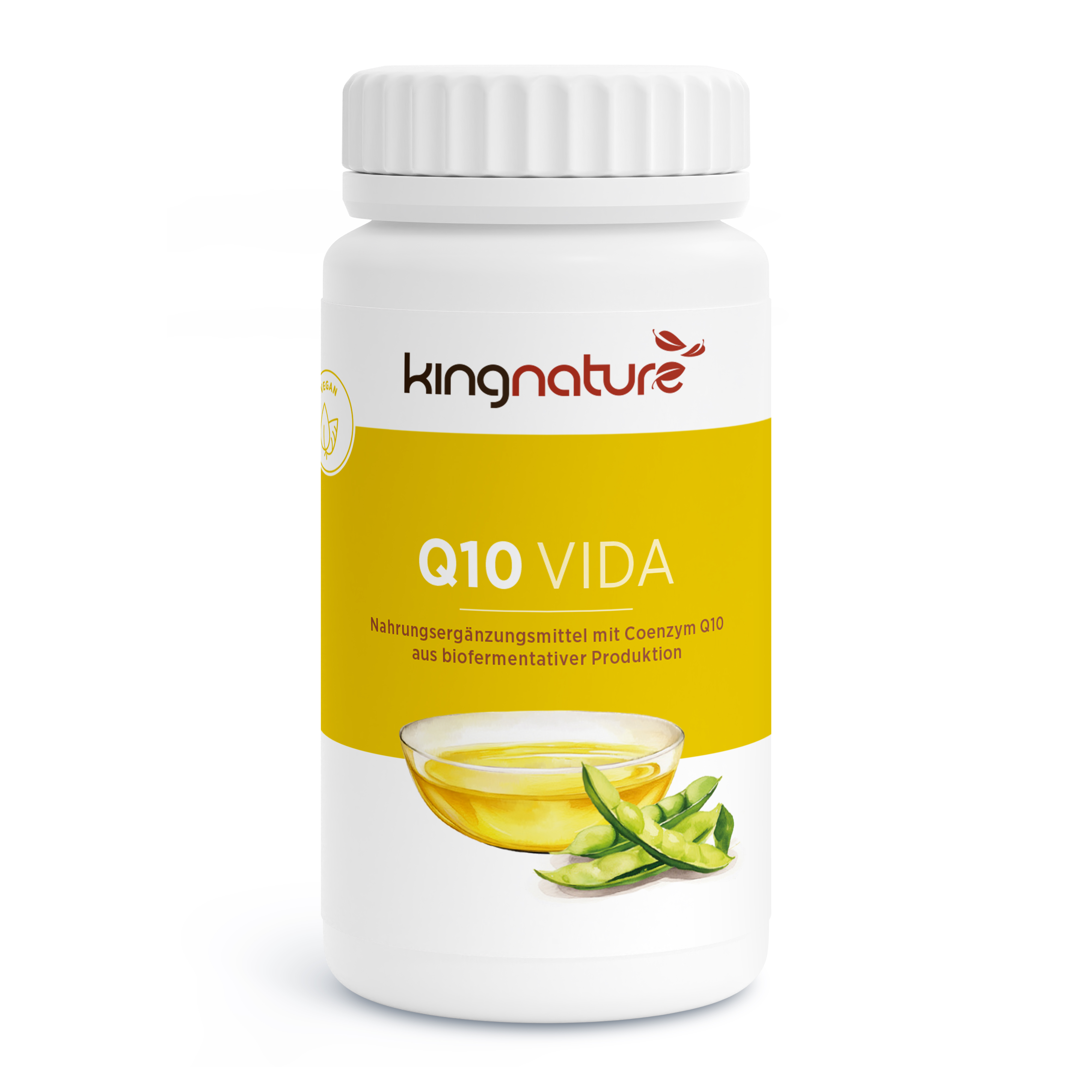 Weiße Flasche mit der Aufschrift „kingnature Q10 VIDA“ und gelbem Etikett. Darauf ist eine Glasschale mit Öl und grünen Edamame-Schoten abgebildet. Das Nahrungsergänzungsmittel enthält biofermentatives Coenzym Q10 zur täglichen Unterstützung.
