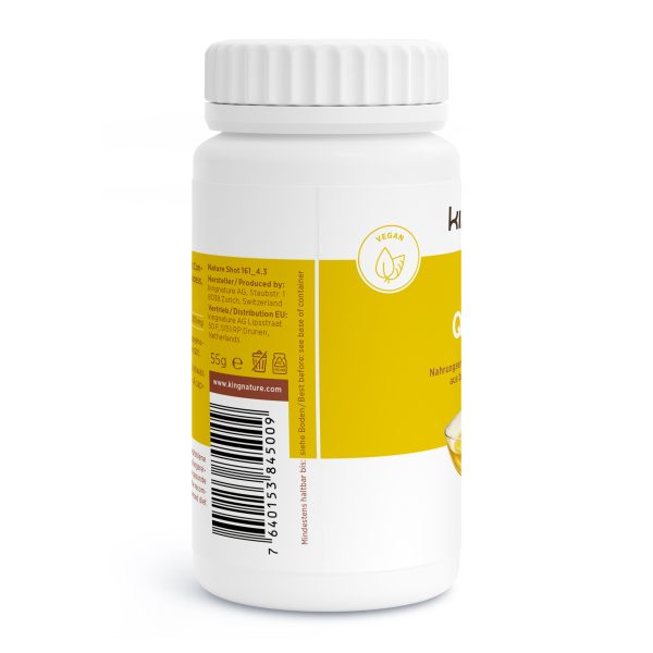 Eine weiße Plastikflasche mit gelbem Etikett und weißem Verschluss. Das Etikett zeigt ein Vegan-Symbol, einen Barcode und Produktinformationen in kleiner Schrift. Die teilweise sichtbare Marke unterstreicht die veganfreundliche Formel.