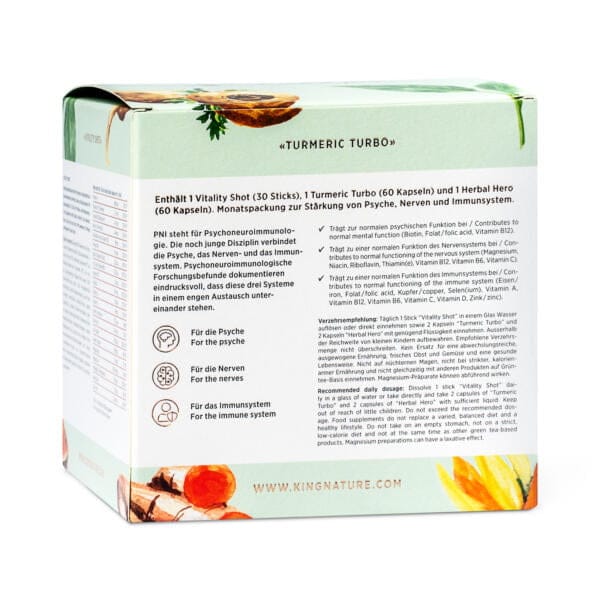 Rückansicht der Recovery Box von kingnature mit Produktdetails in deutscher Sprache und Abbildungen von Kurkumawurzeln und grünen Blättern auf hellem Hintergrund.