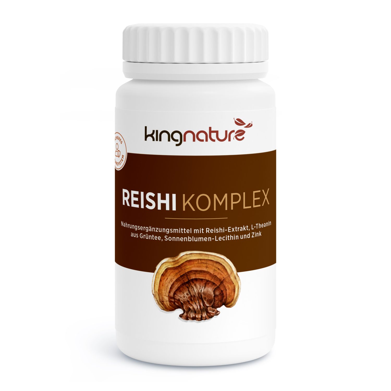 Eine weiße Flasche „Reishi Komplex“ von kingnature, auf deren Vorderseite ein Reishi-Pilz abgebildet ist und deren Zusammensetzung Reishi-Extrakt, L-Theanin, Sonnenblumenlecithin und Zink enthält.