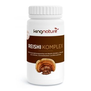 Eine weiße Flasche „Reishi Komplex“ von kingnature, auf deren Vorderseite ein Reishi-Pilz abgebildet ist und deren Zusammensetzung Reishi-Extrakt, L-Theanin, Sonnenblumenlecithin und Zink enthält.