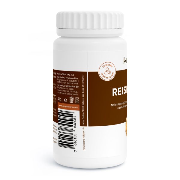 Eine weiße Flasche „Reishi Komplex“ steht aufrecht vor einem weißen Hintergrund; darauf befindet sich ein braunes Etikett mit deutschem Text und einem Barcode. Die Flasche enthält ein Nahrungsergänzungsmittel mit hochwertigem Pilzextrakt.