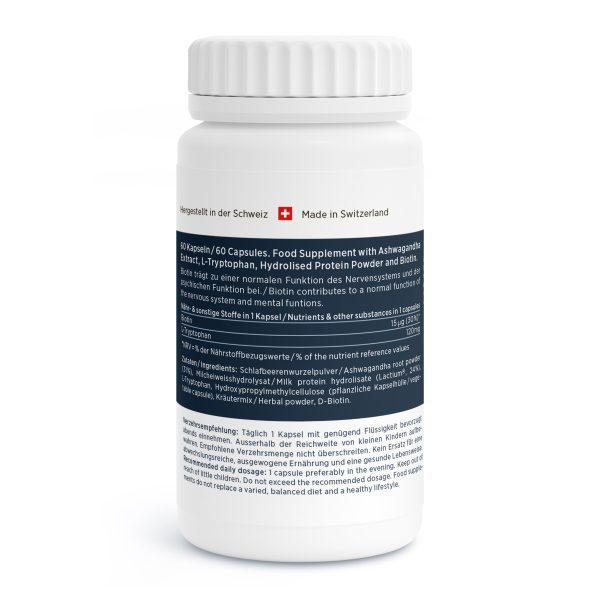 Relax-Vida_v4.3-Back Eine weiße Flasche mit der Aufschrift „Relax Vida®“, hergestellt in der Schweiz, enthält 60 Kapseln eines Nahrungsergänzungsmittels mit Ashwagandha, L-Tryptophan, hydrolysiertem Protein und Biotin. Die Gebrauchsanweisung und die Inhaltsstoffe sind sowohl auf Deutsch als auch auf Englisch angegeben.