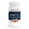 Relax-Vida_v4.3-Front Eine weiße Flasche mit der Aufschrift „Relax Vida®“ von kingnature ist mit Abbildungen von Beeren und Wurzeln verziert und enthält ein Nahrungsergänzungsmittel mit Schlafbeerenwurzelpulver, L-Tryptophan, hydrolysiertem Proteinpulver und Biotin.