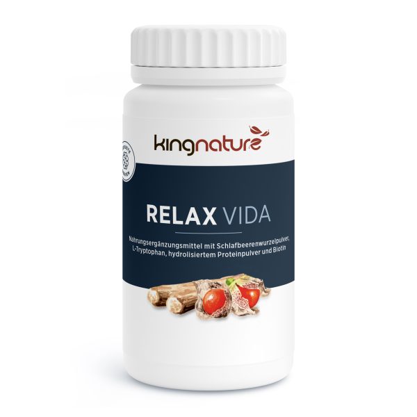 Relax-Vida_v4.3-Front Eine weiße Flasche mit der Aufschrift „Relax Vida®“ von kingnature ist mit Abbildungen von Beeren und Wurzeln verziert und enthält ein Nahrungsergänzungsmittel mit Schlafbeerenwurzelpulver, L-Tryptophan, hydrolysiertem Proteinpulver und Biotin.