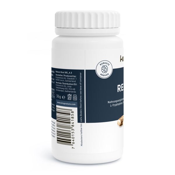 Relax-Vida_v4.3-Side Auf einer weißen Nahrungsergänzungsmittelflasche mit blauem Etikett sind ein deutscher Text, ein Barcode und ein rundes Logo mit der Aufschrift „ROBUST NERVEN“ zu sehen. Der Deckel und das vordere Etikett sind teilweise sichtbar und zeigen einige Inhaltsstoffe sowie Angaben zum Vertreiber von Relax Vida®.