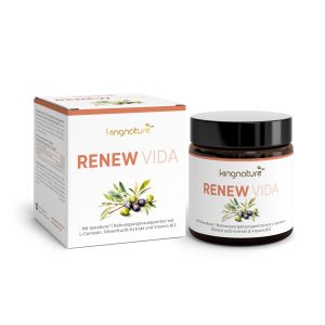 Ein Glas und eine Schachtel des Nahrungsergänzungsmittels kingnature RENEW VIDA mit Olivenabbildungen und Beschriftungen der wichtigsten Inhaltsstoffe wie L-Carnosin, Olivenfruchtextrakt und Vitamin B12. Die Verpackung ist in schlichtem Weiß mit goldenen und olivgrünen Akzenten gehalten.