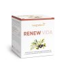 Eine weiße Schachtel mit der Aufschrift „kingnature RENEW VIDA“ zeigt eine Abbildung von Oliven und Blättern. Der Text unten hebt es als Nahrungsergänzungsmittel mit L-Carnosin, Olivenfruchtextrakt, Vitamin B12 und antioxidativen Eigenschaften hervor.