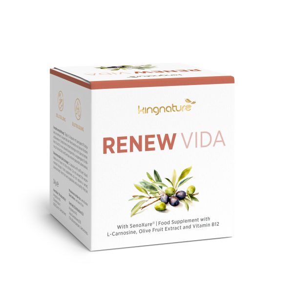 Eine Packung kingnature RENEW VIDA Nahrungsergänzungsmittel mit einem Olivenzweig. Die Verpackung hebt L-Carnosin, Olivenfruchtextrakt, Vitamin B12 und Schweizer Qualität als Hauptbestandteile hervor.