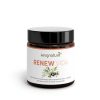 Ein braunes Glas mit schwarzem Deckel mit der Aufschrift „kingnature RENEW VIDA“. Das Etikett zeigt Oliven und grüne Blätter und hebt L-Carnosin, Olivenfruchtextrakt, Vitamin B12 und natürliche Inhaltsstoffe hervor.