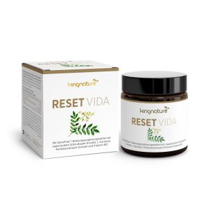 Eine weiße Schachtel und ein braunes Glasgefäß mit der Aufschrift „Reset Vida“ mit grünen botanischen Motiven und einem deutschen Text, der die Inhaltsstoffe des Nahrungsergänzungsmittels detailliert beschreibt.