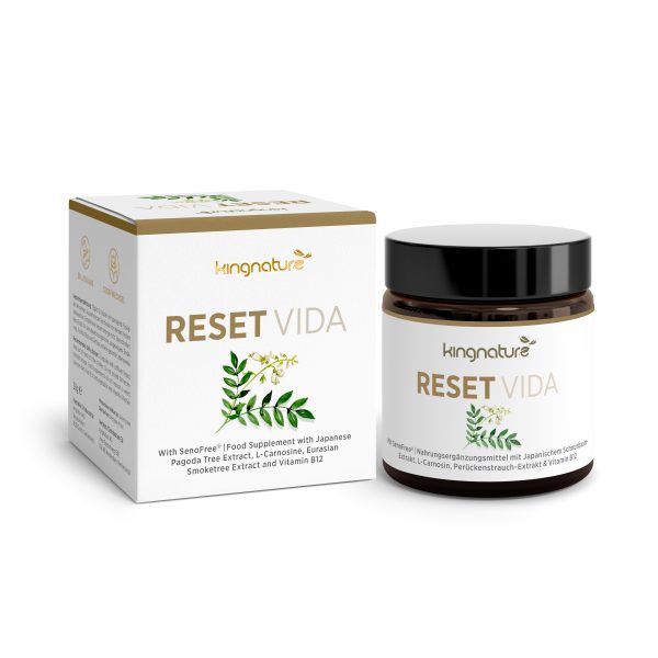 ResetVida_BoxJar_EN_v1.0 Eine weiße Schachtel und ein dunkles Glasgefäß mit der Aufschrift „Reset Vida“ zeigen Grafiken mit grünen Blättern und Blumen, Produktdetails und Markenzeichen sind in goldener und grüner Schrift dargestellt.