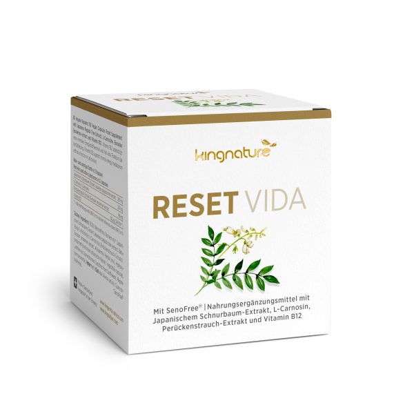 ResetVida_Box_DE_v1.0 Eine weiß-goldene Reset Vida-Box zeigt grüne Pflanzengrafiken und deutschen Text mit einer Auflistung der Inhaltsstoffe wie Japanischer Staudenknöterich-Extrakt, L-Carnosin und Vitamin B12.