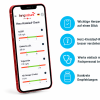 Auf einem Smartphone wird die App „Herz-Kreislauf-Check“ mit den Werten für hsCRP, LDL, Triglyceride und den Omega-3-Index angezeigt – ideal für eine moderne Herzuntersuchung. Daneben erläutern vier blaue Symbole die Vorteile der App-Funktionen auf Deutsch und unterstreichen die innovative Gesundheitsvorsorge.
