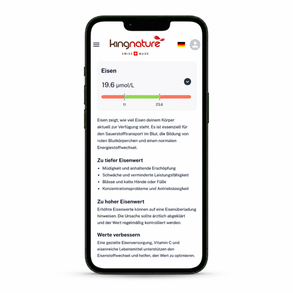 Resultate_Eisen-Check Auf einem Smartphone wird eine Webseite des Eisen-Checks angezeigt, auf der ein Eisenwert von 19,6 µmol/L zu sehen ist, begleitet von einer Farbskala und einem deutschen Text, der die Eisenwerte erläutert, mögliche Ursachen für einen zu niedrigen oder zu hohen Eisenwert nennt und Tipps zur Verbesserung des Eisenwerts gibt – alles Funktionen des Eisen-Checks für den Heimgebrauch.