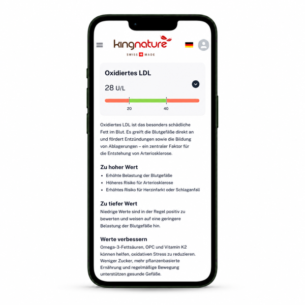 Ein Smartphone zeigt die Webseite „kingnature Herz-Kreislauf-Check“ auf Deutsch zum Thema oxidiertes LDL an. Auf einer farbigen Skala wird ein Blutwert von 28 U/L angezeigt, ergänzt durch Erläuterungen und Tipps zur Verbesserung der Werte – ideal für Ihren Herz-Kreislauf-Check zu Hause.