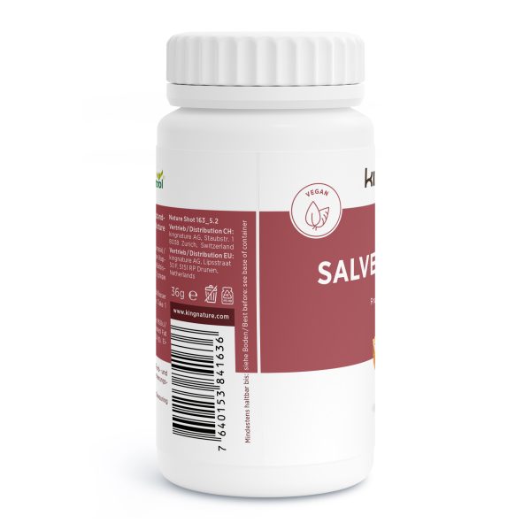 Eine weiße Plastikflasche mit weißem Verschluss trägt ein kastanienbraunes Etikett mit der Aufschrift „SALV“ und einem VEGAN-Blattsymbol. Zur einfachen Identifizierung sind auf dem Etikett außerdem ein Barcode und Produktdetails angebracht.