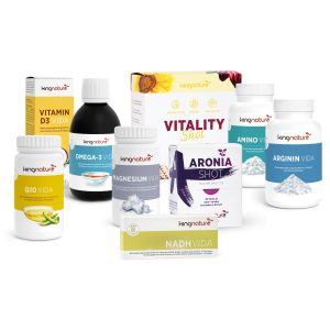 Das Sportpaket Professional von kingnature enthält Nahrungsergänzungsmittel wie Vitamin D3 VIDA, Omega-3 VIDA, Magnesium VIDA, Vitality Shot, Aronia Shot, Q10 VIDA, Amino VIDA, Arginin VIDA und NADH VIDA für eine umfassende Nährstoffunterstützung.