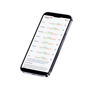 Auf einem Smartphone wird die App TAP-Blut-Test Mikronährstoffe angezeigt, die horizontale Balkendiagramme mit den gemessenen Werten von Eisen, Magnesium, Vitaminen, Kupfer und Zink enthält.