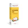 Eine gelb-weiße Schachtel des Nahrungsergänzungsmittels Vitamin D3 Vida mit dem Bild einer geknackten Kokosnuss und dem Text „Vitamin D3 auf Ölbasis“ und „Swiss Made“ – ideal für alle, die Vitamin D kaufen möchten.