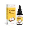 Eine Schachtel und eine Tropfflasche Vitamin D3 Vida mit Kokosnuss-Illustrationen und gelben Akzenten. Die Swiss Made-Verpackung unterstreicht die Qualität – jetzt Vitamin D kaufen!.