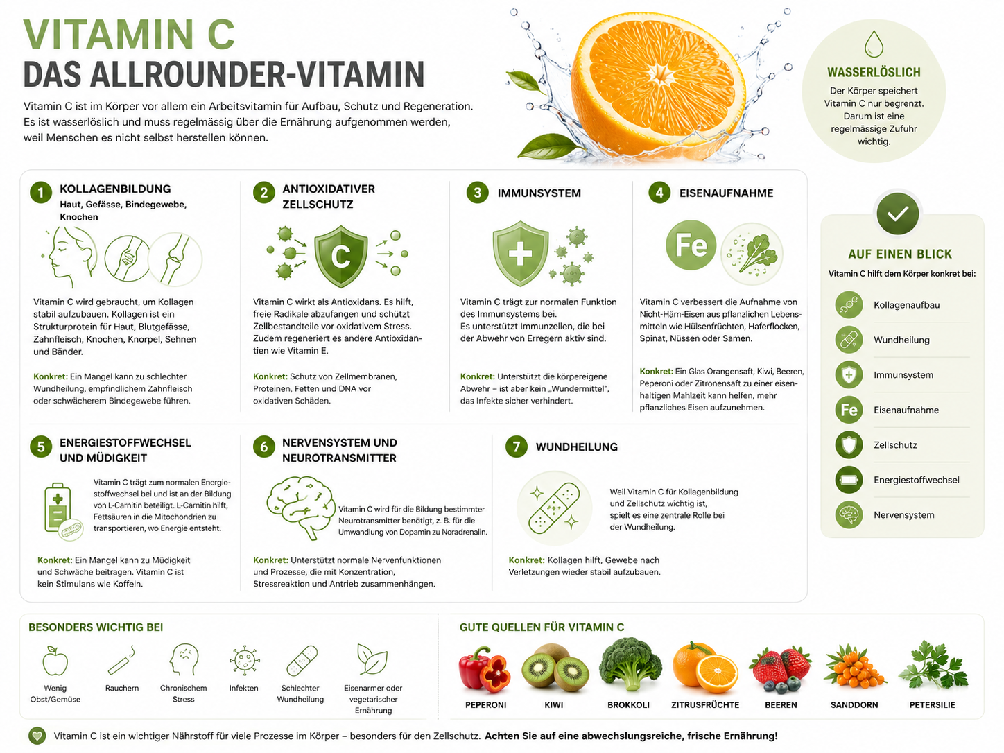 Infografik zu Vitamin C von Vida mit einer aufgeschnittenen Orange: Sie erläutert Vorteile wie Kollagenbildung, Zellschutz, Stärkung des Immunsystems, Eisenaufnahme und Wundheilung sowie Obst- und Gemüsesorten, die Vitamin C enthalten.