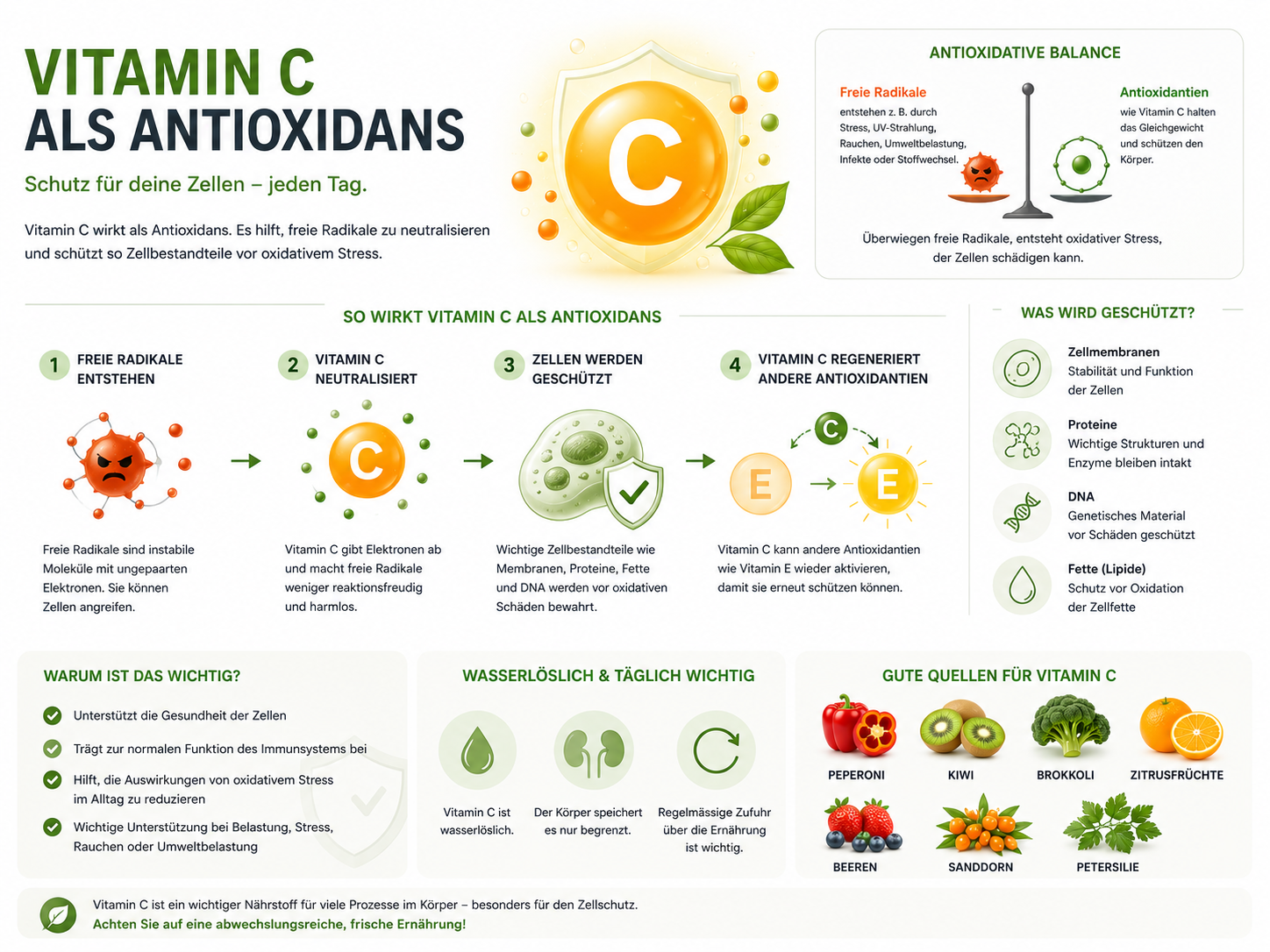 Infografik zu Vitamin C Vida – einem starken Antioxidans, das freie Radikale neutralisiert, die Zellen schützt und die Gesundheit fördert. Enthält Diagramme, Informationen zu den Vorteilen, zum Tagesbedarf sowie zu Nahrungsquellen wie Orangen, Brokkoli, Paprika und Kiwi.