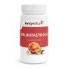 Voluntastrols_v2.3-Front Eine weiße Flasche mit der Aufschrift „Voluntastrols®“ von kingnature, auf der Abbildungen von Zitrusfruchtscheiben und einer Kamillenblüte vor einem leuchtend roten Hintergrund zu sehen sind.
