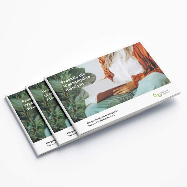 Drei „Broschüren – Wechseljahre Vitalstoffmedizin“ mit einem Cover, das eine lesende Person im Freien zeigt, der Aufschrift „Proaktiv die Wechseljahre Meister“ und einem grünen Blattlogo sind fein säuberlich auf einer weißen Fläche gestapelt.