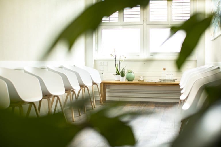 Ein heller Warteraum für die Praxiseröffnung von Wise Medicine verfügt über weiße Stühle, einen Holztisch mit Topfpflanzen und einem Wasserset sowie große Fenster, die natürliches Licht hereinlassen und teilweise von grünen Blättern im Vordergrund eingerahmt werden.