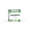 Eine Schachtel Artemisia Shot, verziert mit grünen botanischen Motiven und dem Swiss Made-Logo, enthält 20 Sticks mit Artemisia-Granulat, die direkt verwendet werden können.