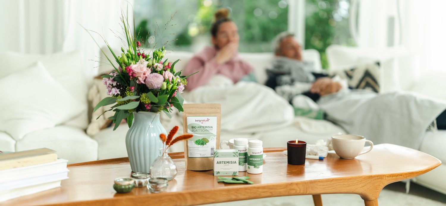 Auf einem hölzernen Couchtisch stehen eine Nahrungsergänzung aus der Schweiz, eine Blumenvase, eine Kerze und Tassen. Im Hintergrund entspannen sich zwei Personen auf einem weißen Sofa mit Decken in einem hellen, luftigen Wohnzimmer.