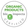 Auf einem runden Schild steht in Grün „ORGANIC PRODUCTS“, in der Mitte das grüne Auge-Logo von Bio Inspecta, deutlich sichtbar „Artemisia Blattschnitt Bio“ und in Grau am unteren Rand „CERTIFIED“.