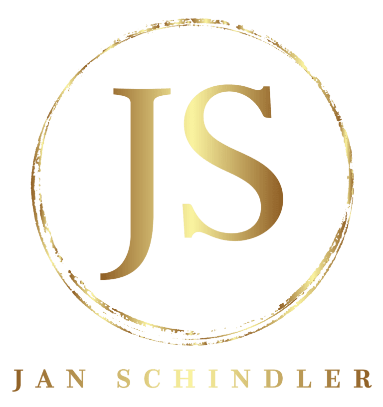 Ein goldener Kreis umgibt die großen, metallisch goldenen Initialen „JS“ auf schwarzem Grund. Unter dem Kreis erscheint der Name JAN SCHINDLER in goldenen Großbuchstaben und spiegelt seine Expertise als Hypnose- und Ernährungscoach wider.