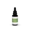 Eine kleine schwarze Tropfflasche mit der Aufschrift „CBD PET“ ist grün-weiß gestaltet. Die Flasche steht aufrecht auf einem schlichten weißen Hintergrund und trägt auf der Rückseite einen deutschen Text.