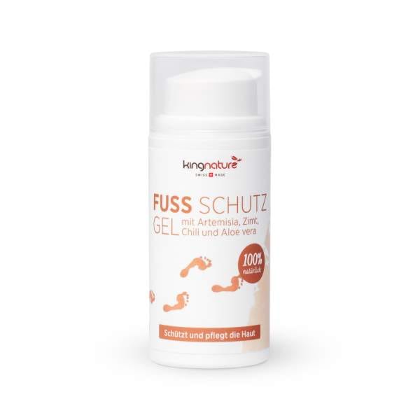 kingnature, Fuss Schutz, Fuss Schutz Gel, 100% natürlich, Artemisia, Aloe-vera, 30 ml, gute Hautverträglichkeit, pflegt die Füsse, unterstützt die Hautbarriere, angenehm Duftend, Zimt, keine Tierversuche, Naturkosmetik, Swiss Made, vegan, Hydrogel, sekundäre Pflanzenstoffe, Blattspitzen, Scharfe Chili, Chilischote, natürliches Capsaicin, Bio, frei von Aloin, Verpackung, praktischer Spender, Luftkontakt geschützt, Bio, Fusspilz, Füsse