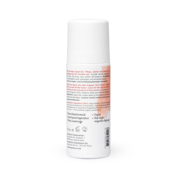 Eine weiße, zylindrische Flasche Hot Shot Sport Gel ist aufrecht abgebildet, mit dem Etikett auf der Rückseite in deutscher Sprache. Die 75-ml-Flasche hat einen weißen Verschluss. Integrieren Sie Hot Shot Sport Gel in Ihr Sportprogramm.