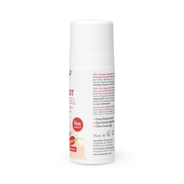 Eine weiße 75-ml-Flasche Hot Shot Sport Gel mit rotem Verschluss, deutschem Text und einem kleinen Chili-Pfeffer-Bild auf dem Etikett. Perfekt für alle, die Hot Shot Sport Gel kaufen möchten.
