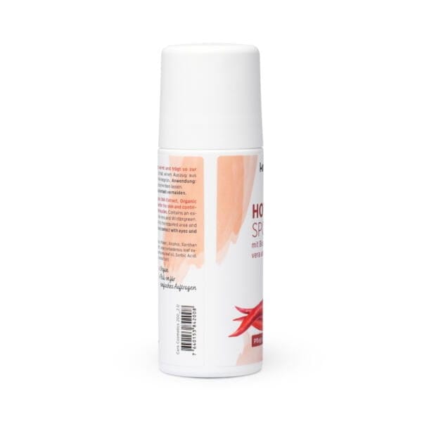 Eine weiße, zylindrische Sprühflasche mit einem teilweise sichtbaren Etikett mit Text und einer roten Chilischote, das größtenteils von der Seite präsentiert wird – perfekt für alle, die Hot Shot Sport Gel kaufen möchten.