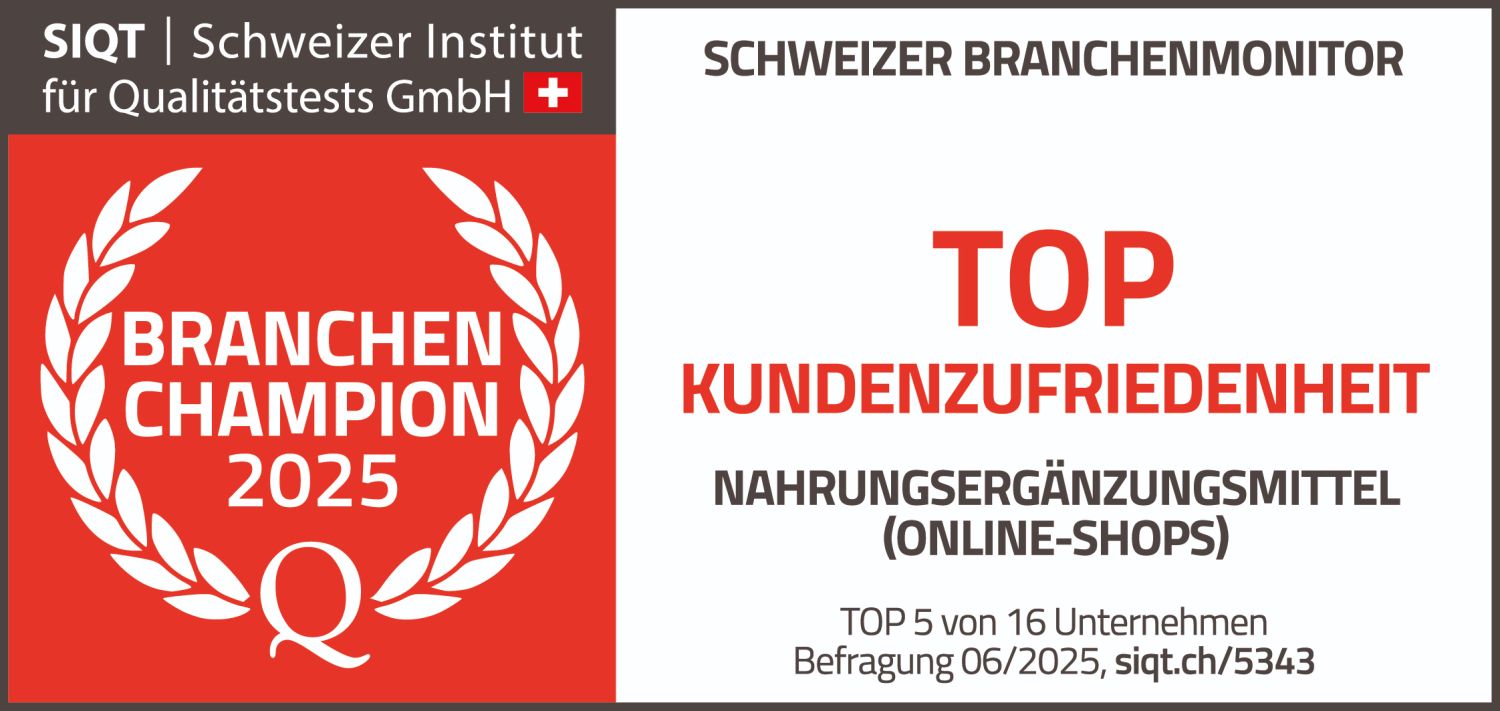 Auszeichnungsplakette Branchenchampion 2025 für höchste Kundenzufriedenheit im Bereich Online-Nahrungsergänzungsmittel, verliehen von SIQT, mit Angaben zur Platzierung unter den Top 5 von 16 Unternehmen auf der Grundlage einer Umfrage 2025.