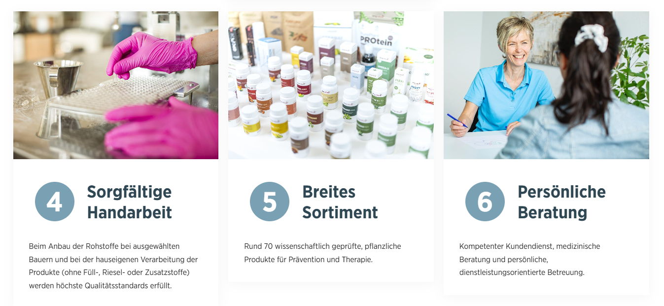 Eine Collage mit drei Abschnitten: behandschuhte Hände, die in einem Naturlabor arbeiten, Reihen von kleinen Flaschen mit Proben und eine lächelnde Frau im Beratungsgespräch - jeder Abschnitt spiegelt 12 Punkte für Qualität, Vielfalt und persönliche Vorteile wider.