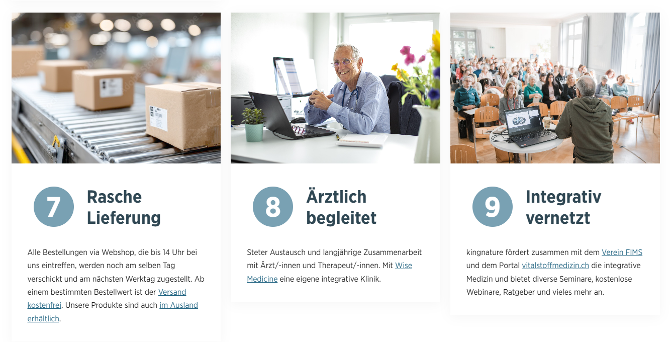 Drei Informationstafeln: 1) Pakete auf einem Förderband, beschriftet mit Rasche Lieferung von kingnature; 2) Ein lächelnder Arzt an einem Schreibtisch, beschriftet mit Ärztlich begleitet; 3) Ein Sprecher, der sich an eine Gruppe wendet, beschriftet mit Integrativ vernetzt - entdecken Sie die 12 Punkte, warum kingnature überzeugt.