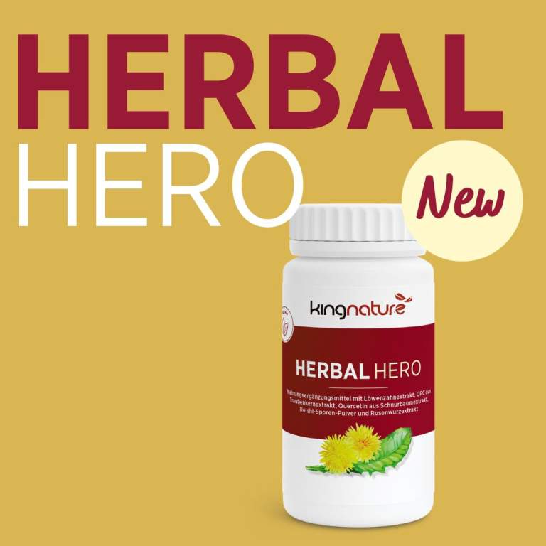 Eine weiße Flasche mit der Aufschrift „Herbal Hero“ von kingnature, auf der ein Löwenzahnmotiv zu sehen ist, ist auf gelbem Hintergrund mit großem Text „Pflanzenheld“ und einem runden „Neu“-Etikett abgebildet.