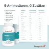 kingnature_amino-vida_produktbild-6 Links sind zwei Flaschen „Amino Vida“ von kingnature abgebildet; über einer Nährwerttabelle mit Angaben zu 16 bzw. 1 Kapsel sind die Produktvorteile aufgeführt, wobei „9 Aminosäuren, 0 Zusätze“ als Überschrift hervorgehoben ist. Das kingnature-Logo befindet sich unten auf der Seite.